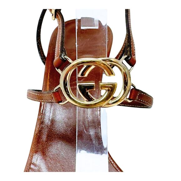 Gucci GG Logo White Gold Cognac Tan Brown Leather Strappy Heels Sandals US 8 - Picture 6 of 10